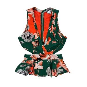 Marissa Webb Floral Peplum Blouse‎ Women's Size 4 Green Orange Sleeveless V-Neck